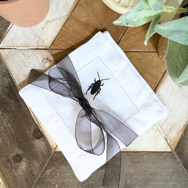 Roach Linen Cocktail Napkins, Set of 4 Cockroach Napkins - White Tulip Embroidery