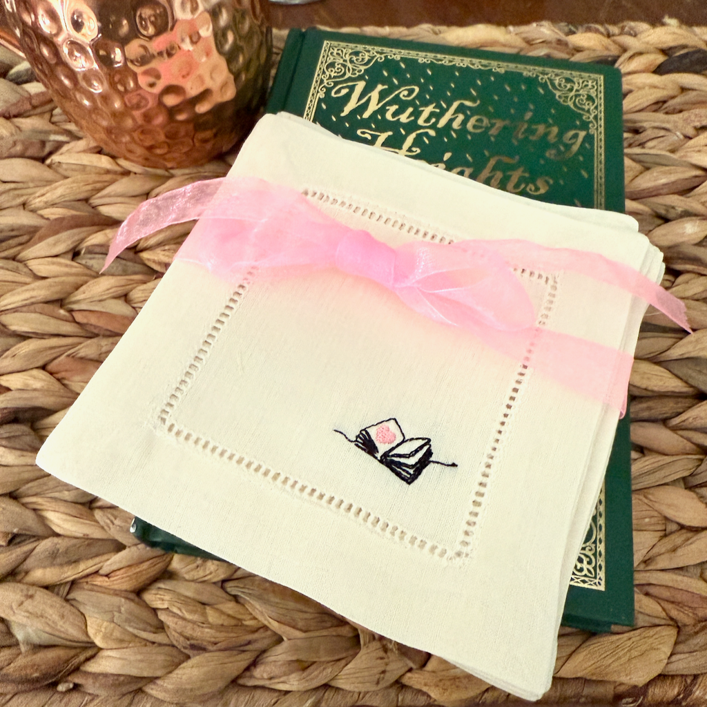 Book Linen Cocktail Napkins, Set of 4, Love Book Cloth Napkins - White Tulip Embroidery