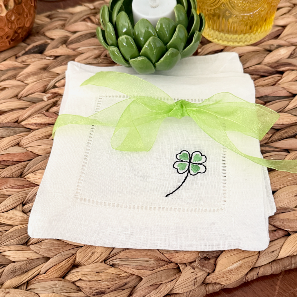 Shamrock St. Patrick's Day Embroidered Cocktail Napkins, Set of 4, Clover Linen Cocktail Napkins - White Tulip Embroidery