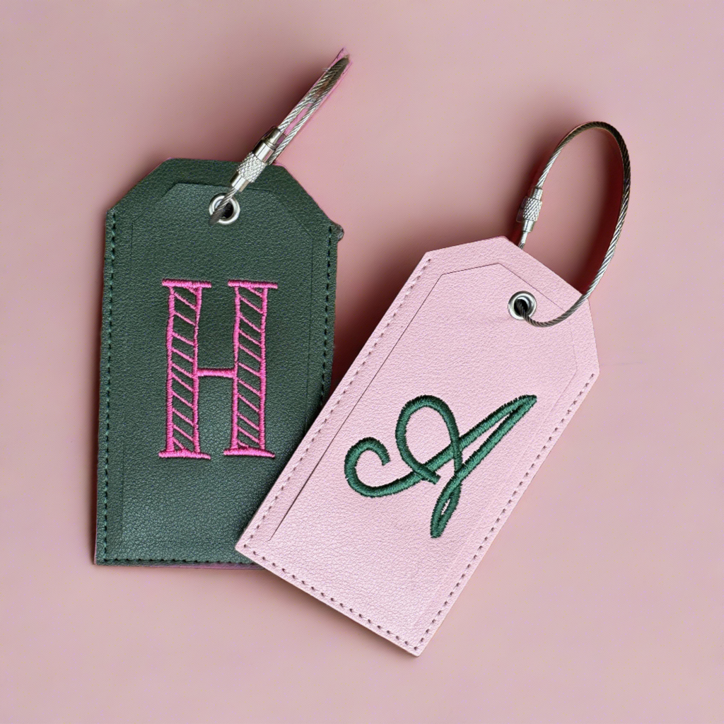 Monogrammed Luggage Tag, Embroidered Vegan Leather with Steel Loop Wire - White Tulip Embroidery