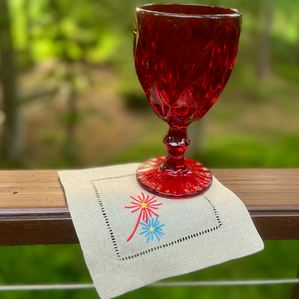 Firework Cocktail Napkins, Set of 4, July 4th Linen Cocktail Napkins - White Tulip Embroidery