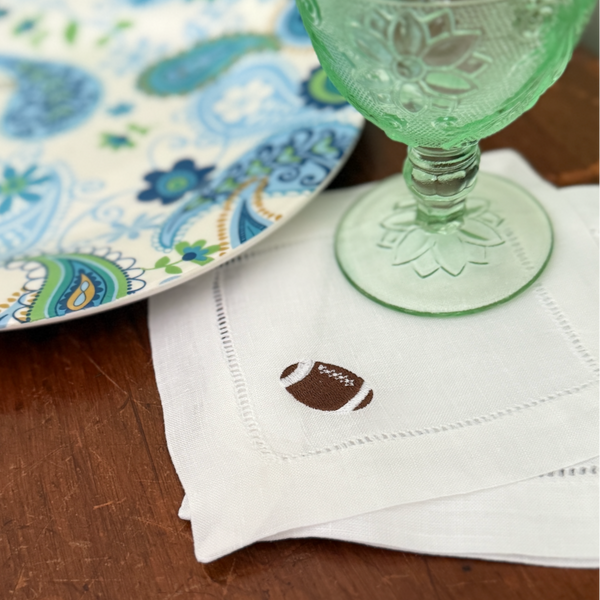 Football Cocktail Napkins, Set of 4 - White Tulip Embroidery