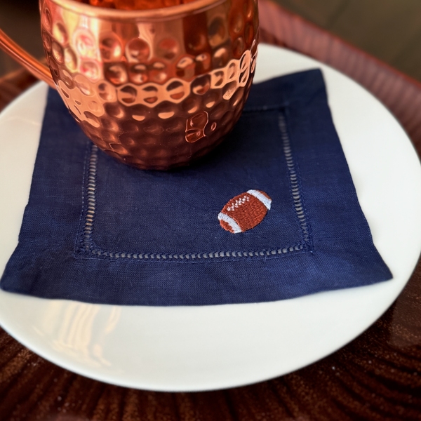 Football Cocktail Napkins, Set of 4 - White Tulip Embroidery