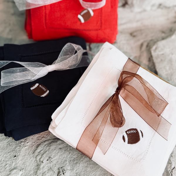 Football Cocktail Napkins, Set of 4 - White Tulip Embroidery