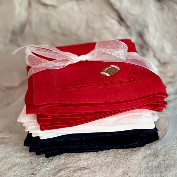 Football Cocktail Napkins, Set of 4 - White Tulip Embroidery