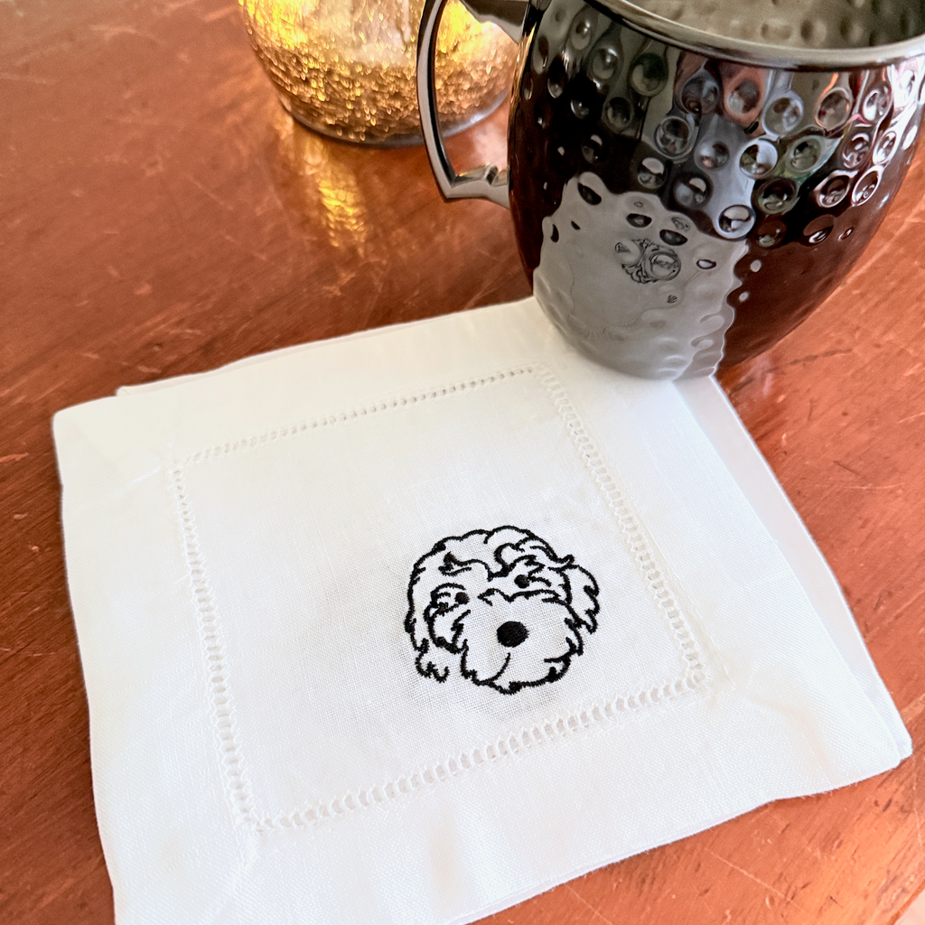 Golden Doodle Cloth Linen Cocktail Napkins, Set of 4 - White Tulip Embroidery