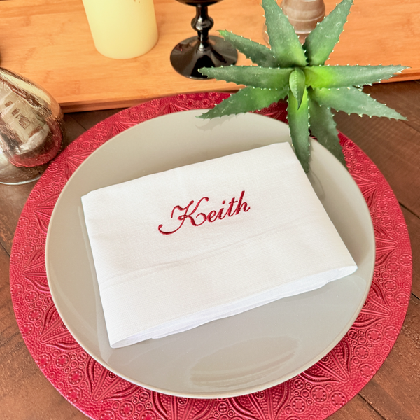 Set of 100 Personalized Wedding Party Monogrammed Name Napkins, Bulk names napkins - White Tulip Embroidery