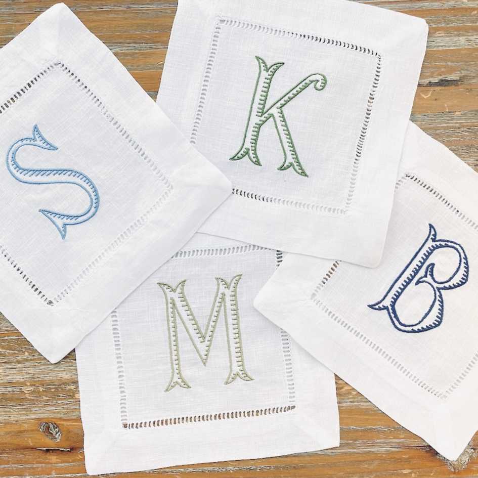 Baroque Monogrammed Cocktail Napkins, Set of 4 - White Tulip Embroidery