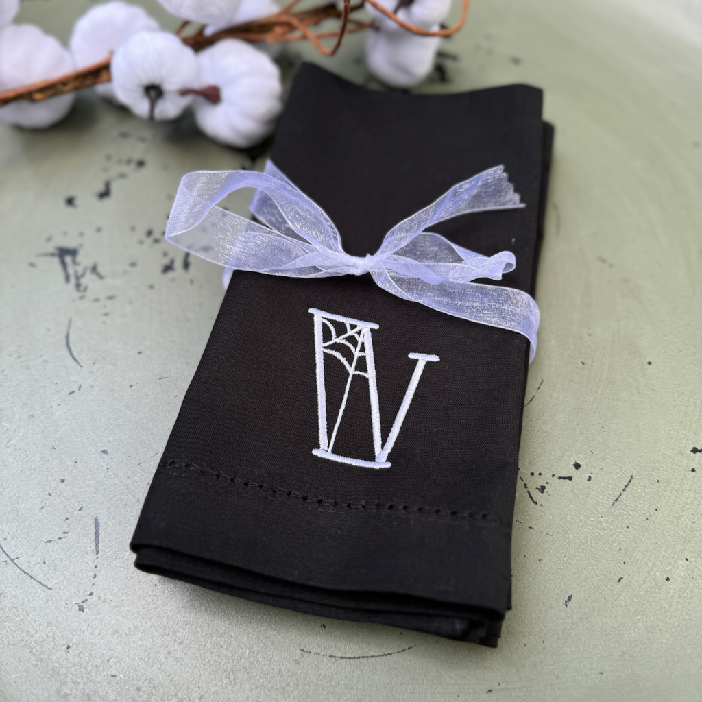 Spider Web Halloween Monogrammed Cloth Dinner Napkins - Set of 4 napkins - White Tulip Embroidery