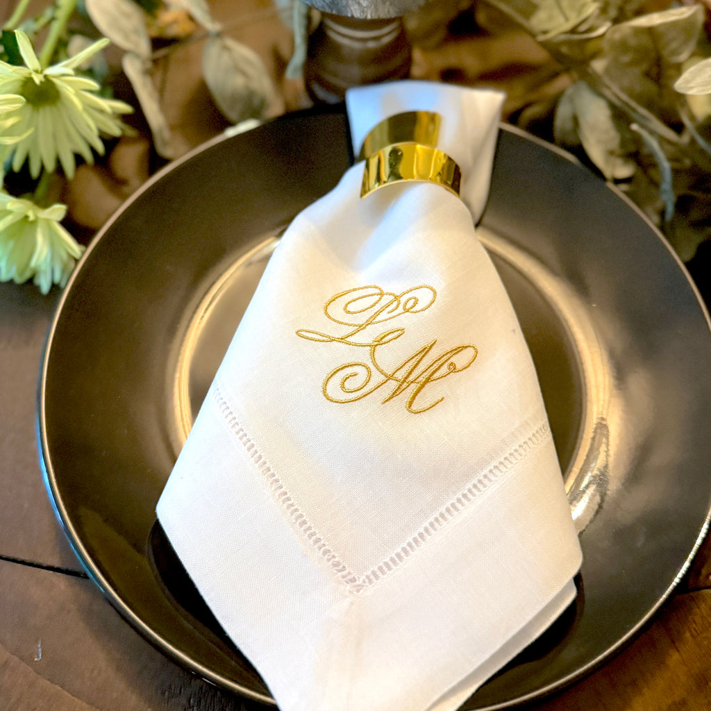 Custom Set of 200, Embroidered White Hemstitch Linen/Cotton Blend Dinner Napkins. Event 9/20/25 - White Tulip Embroidery