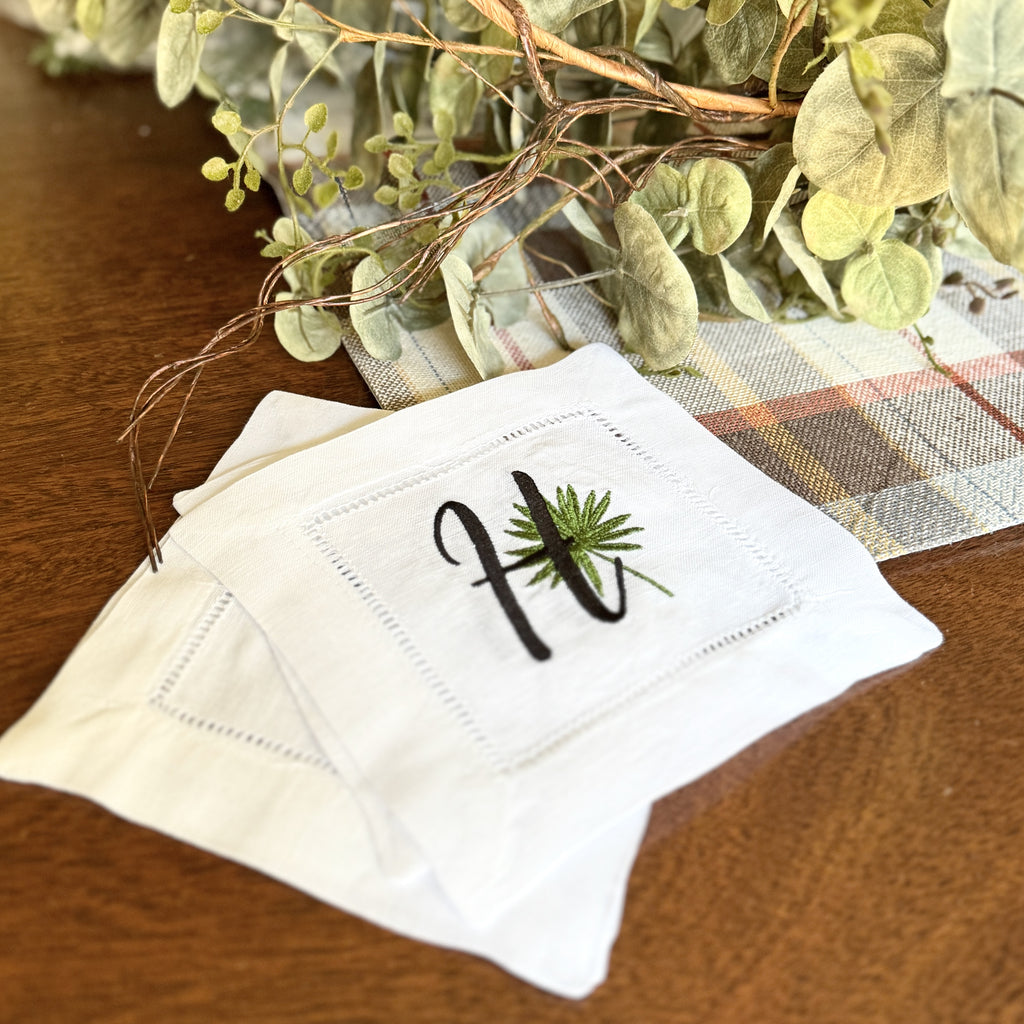 Tropical Garden Leaf Monogrammed Cocktail Napkins, Set of 4 - White Tulip Embroidery