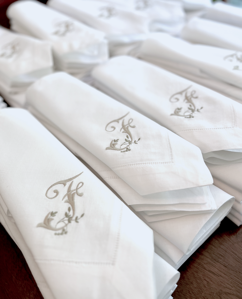 150 Bulk Monogrammed Cloth Napkins - White Tulip Embroidery