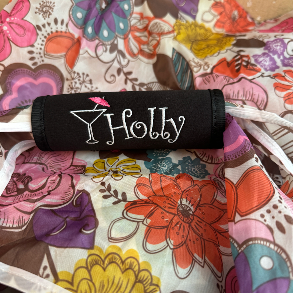 Cocktail Name Luggage Handle Wrap Personalized and Embroidered, Girl's trip Name Suitcase Tag - White Tulip Embroidery