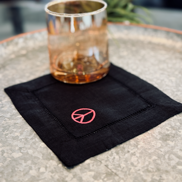 Peace Linen Cocktail Napkins, Set of 4, Peace sign cloth napkins - White Tulip Embroidery