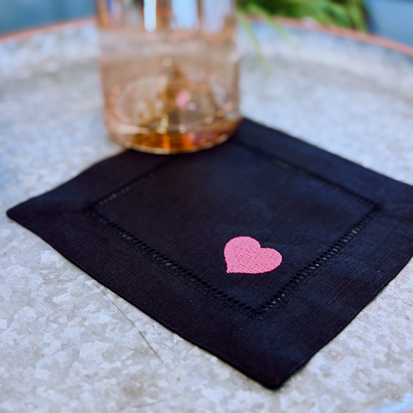 Mini Heart Valentine's Day Cloth Cocktail Napkins, Set of 4, Linen Cocktail Napkins - White Tulip Embroidery