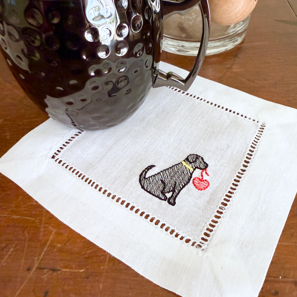 Heart Dog Cloth Linen Cocktail Napkins, Set of 4 - White Tulip Embroidery