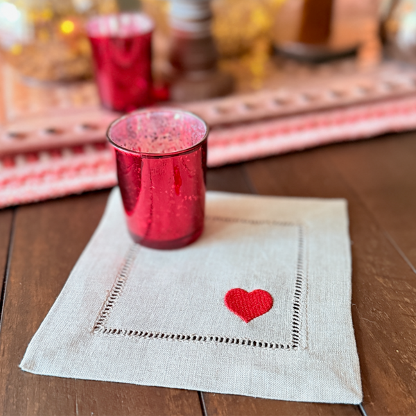 Mini Heart Valentine's Day Cloth Cocktail Napkins, Set of 4, Linen Cocktail Napkins - White Tulip Embroidery