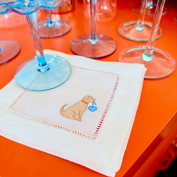 Heart Dog Cloth Linen Cocktail Napkins, Set of 4 - White Tulip Embroidery