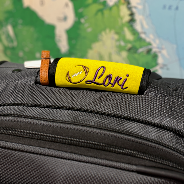 Football Name Luggage Handle Wrap Personalized and Embroidered, Football Sport Bag Name Suitcase Tag - White Tulip Embroidery