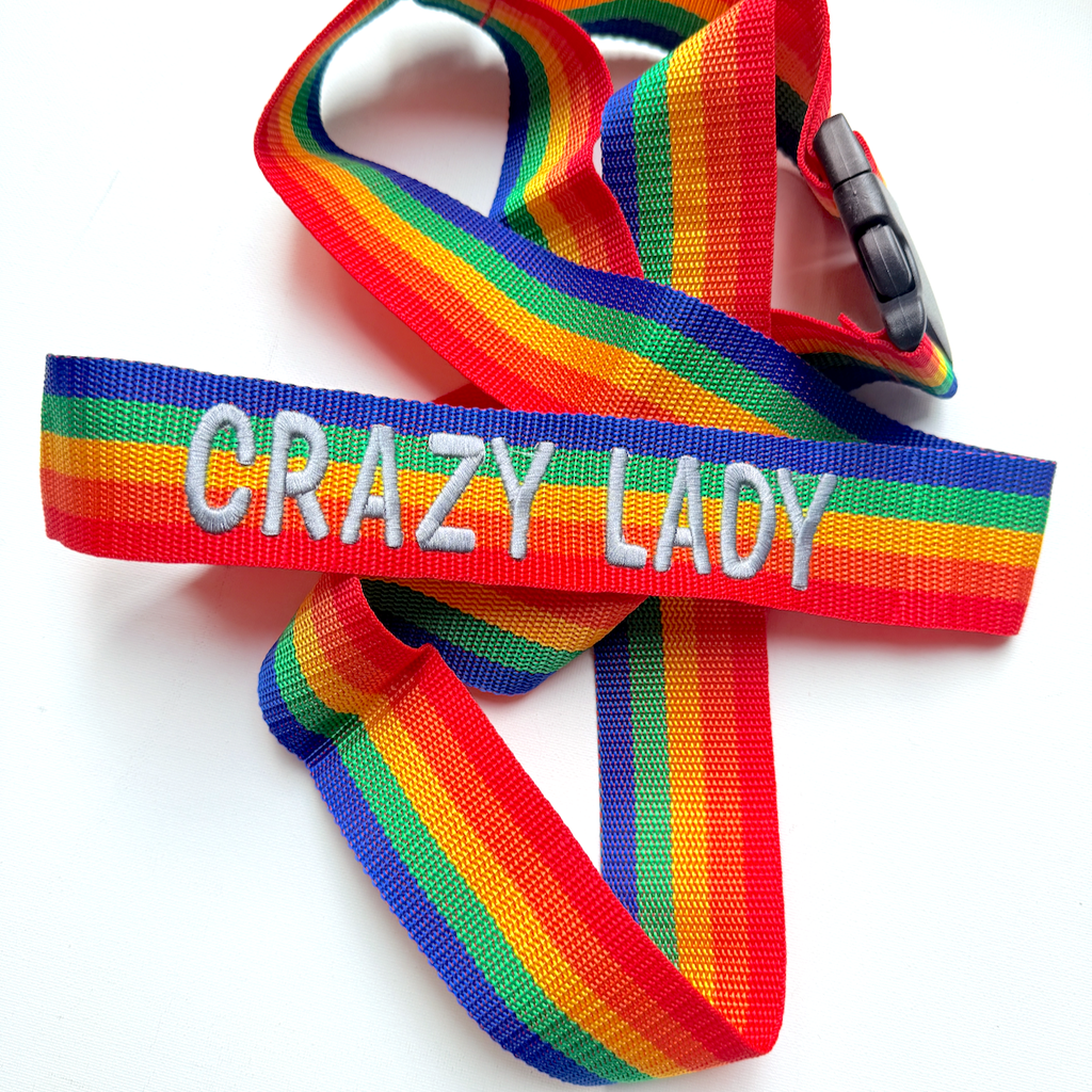 Embroidered Monogram Name Luggage Strap, Rainbow Personalized Luggage Strap - White Tulip Embroidery