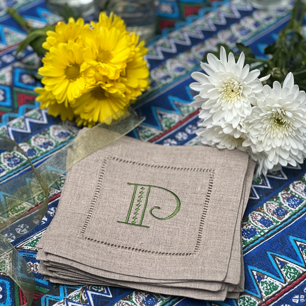 Art Deco Monogrammed Cocktail Napkins, Set of 4 - White Tulip Embroidery