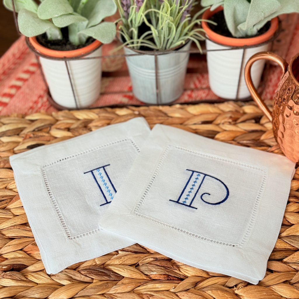 Art Deco Monogrammed Cocktail Napkins, Set of 4 - White Tulip Embroidery