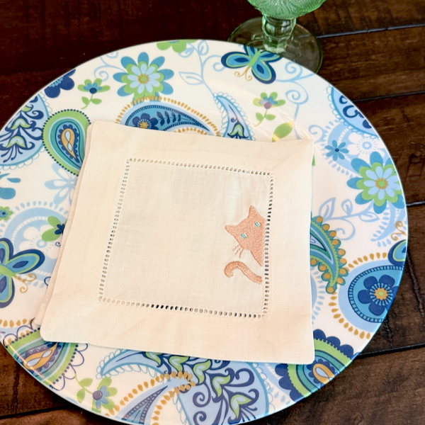 Black Cat Cocktail Napkins, Set of 4, Black Cat Embroidered Linen Cocktail Napkins - White Tulip Embroidery