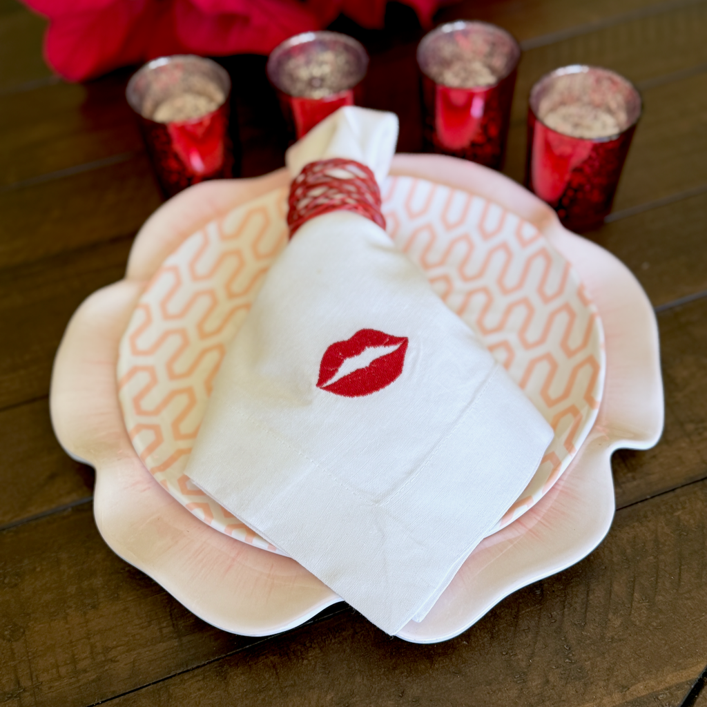 Lips Kiss Valentine's Day Cloth Napkins, Set of 4, Lipstick Napkins - White Tulip Embroidery