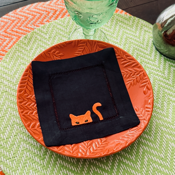 Black Cat Cocktail Napkins, Set of 4, Black Cat Embroidered Linen Cocktail Napkins - White Tulip Embroidery