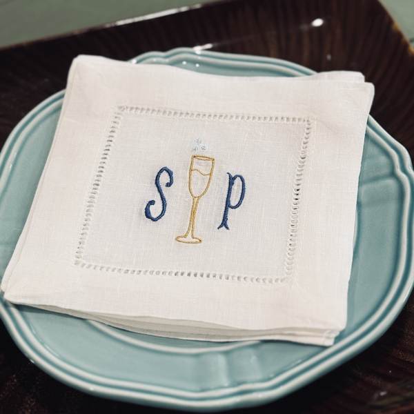 Monogrammed Champagne Cocktail Napkins, Set of 4, Cheers Linen Napkins - White Tulip Embroidery