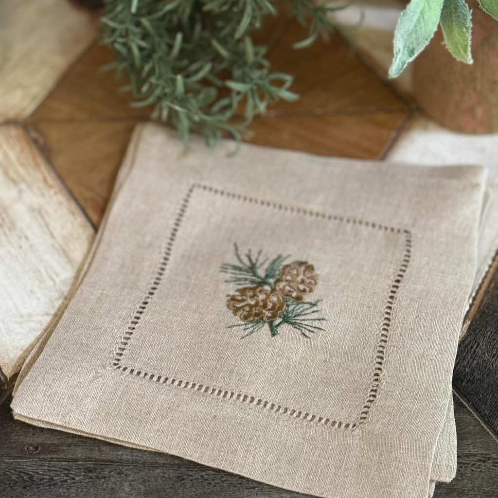 Pine Cone Cocktail Napkins, Set of 4 - White Tulip Embroidery