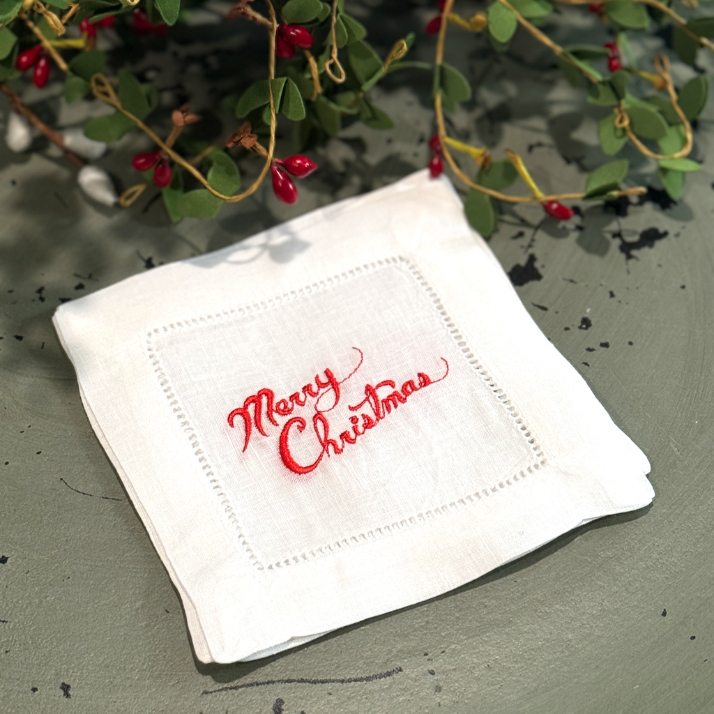 Merry Christmas Cloth Cocktail Napkins, Set of 4 - White Tulip Embroidery