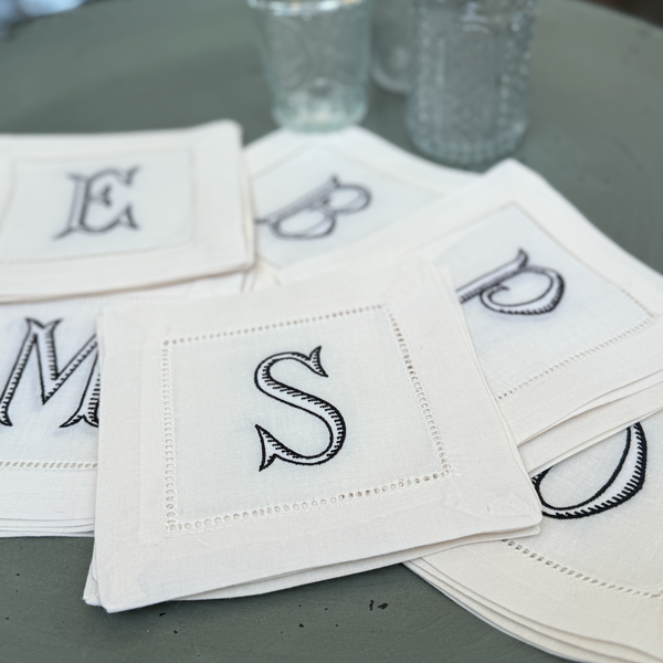 Baroque Monogrammed Cocktail Napkins, Set of 4 - White Tulip Embroidery