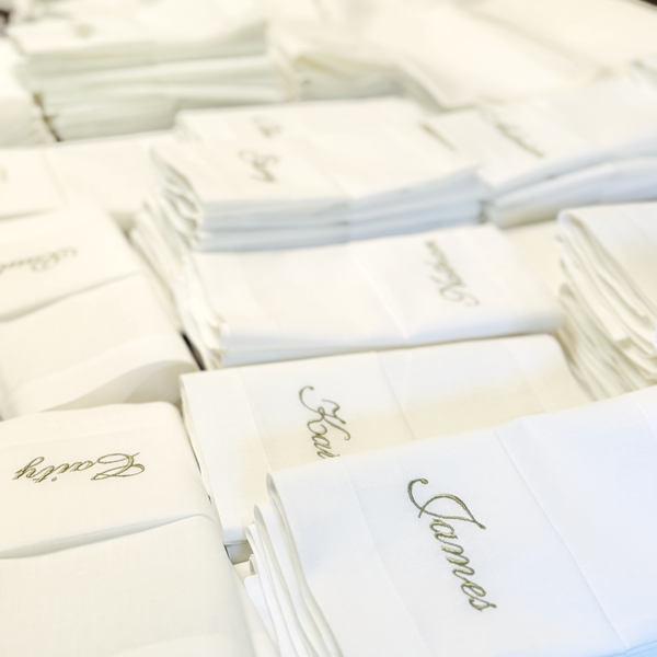 Set of 4 Embroidered Name Napkins, Eleanor Names Cloth napkins - White Tulip Embroidery