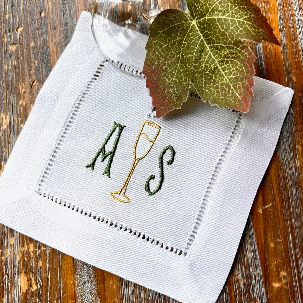 Monogrammed Champagne Cocktail Napkins, Set of 4, Cheers Linen Napkins - White Tulip Embroidery