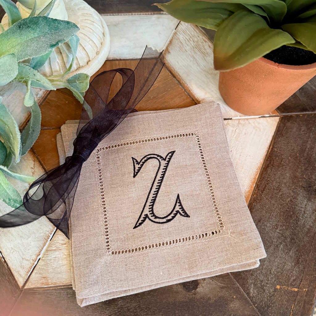 Baroque Monogrammed Cocktail Napkins, Set of 4 - White Tulip Embroidery