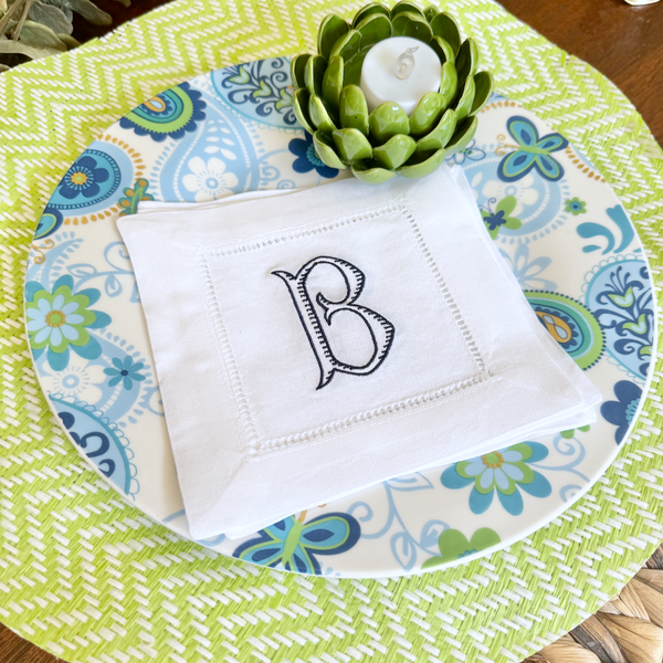 Baroque Monogrammed Cocktail Napkins, Set of 4 - White Tulip Embroidery