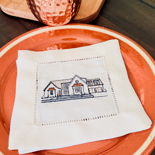 Custom House Embroidered Linen Cocktail Napkins, Set of 4, Housewarming Gift, gift from realtor, personalized napkins - White Tulip Embroidery