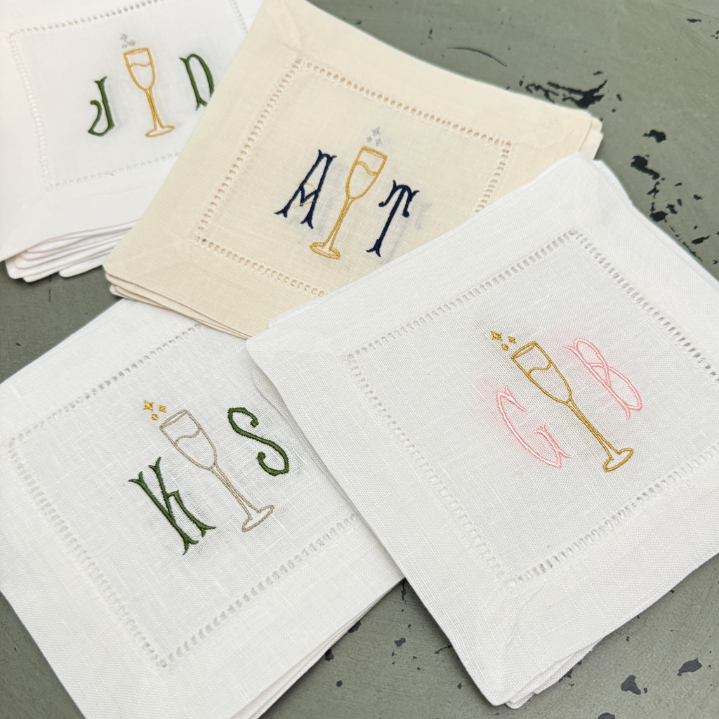 Monogrammed Champagne Cocktail Napkins, Set of 4, Cheers Linen Napkins - White Tulip Embroidery