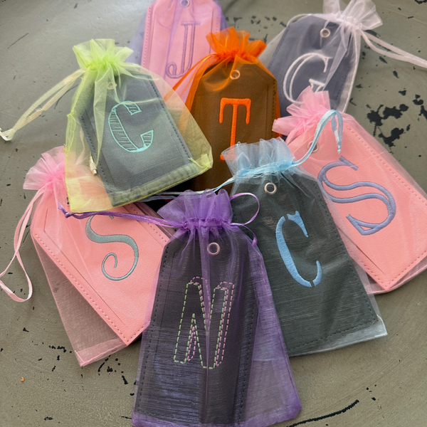 Monogrammed Luggage Tag, Embroidered Vegan Leather with Steel Loop Wire - White Tulip Embroidery