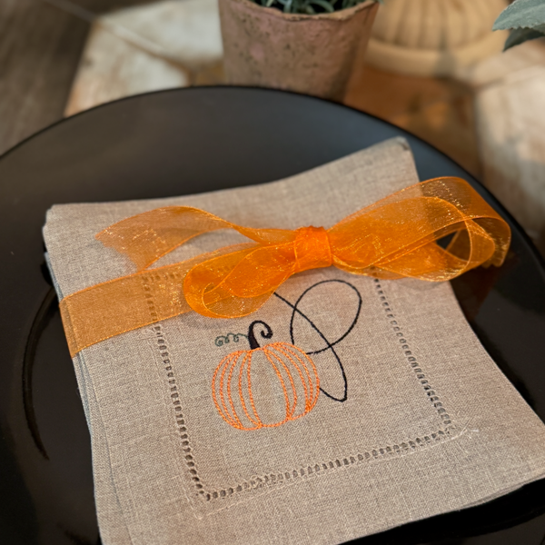 Pumpkin Monogrammed Cocktail Napkins, Set of 4 - White Tulip Embroidery