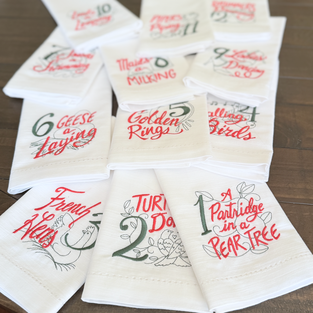 Twelve Days of Christmas Cloth Napkins - Set of 12 napkins - White Tulip Embroidery