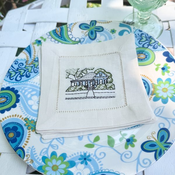 Custom House Embroidered Linen Cocktail Napkins, Set of 4, Housewarming Gift, gift from realtor, personalized napkins - White Tulip Embroidery