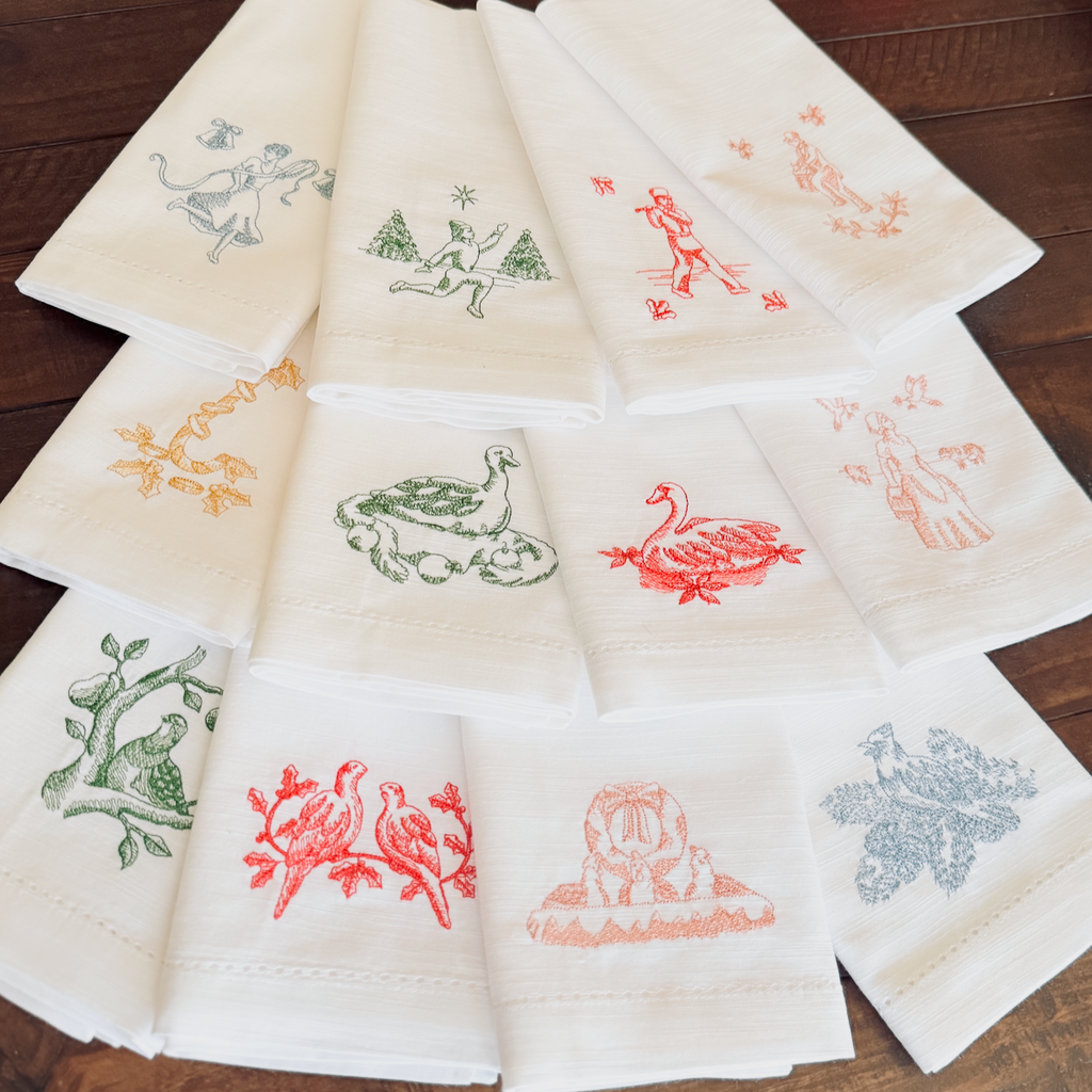 Twelve Days of Christmas Embroidered Cloth Napkins - Set of 12 napkins - White Tulip Embroidery