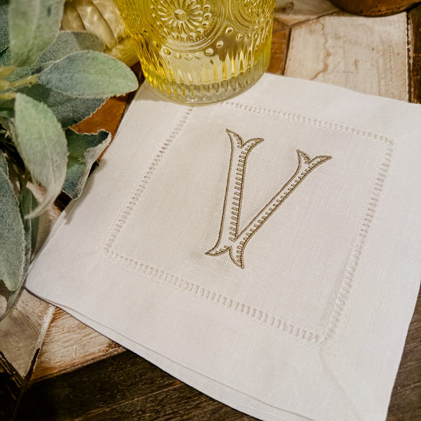 Baroque Monogrammed Cocktail Napkins, Set of 4 - White Tulip Embroidery