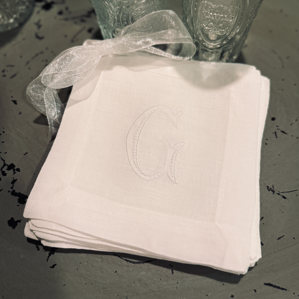 Baroque Monogrammed Cocktail Napkins, Set of 4 - White Tulip Embroidery