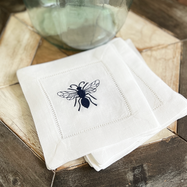 Bee Linen Cocktail Napkins, Set of 4 - White Tulip Embroidery