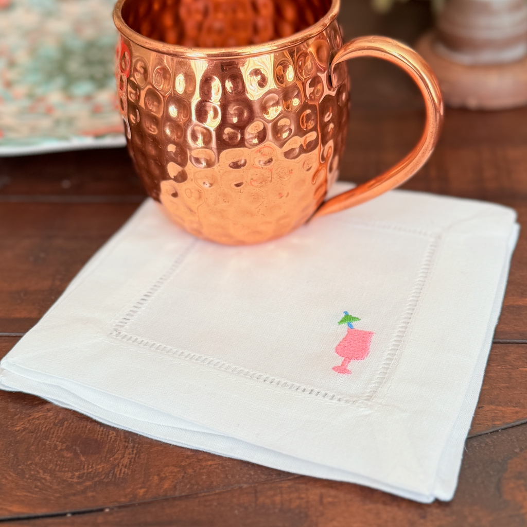 Beach Cloth Cocktail Napkins, Set of 4 - White Tulip Embroidery