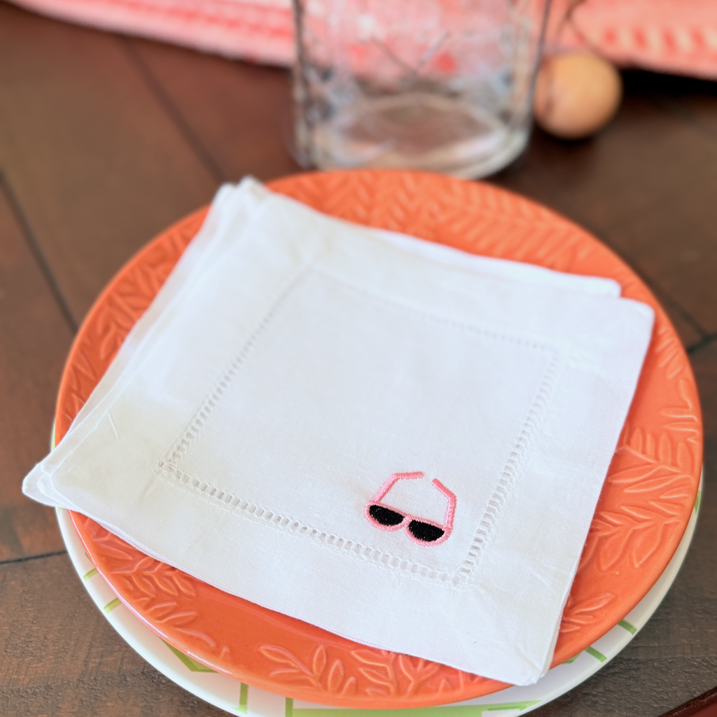 Beach Cloth Cocktail Napkins, Set of 4 - White Tulip Embroidery