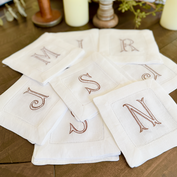 Baroque Monogrammed Cocktail Napkins, Set of 4 - White Tulip Embroidery